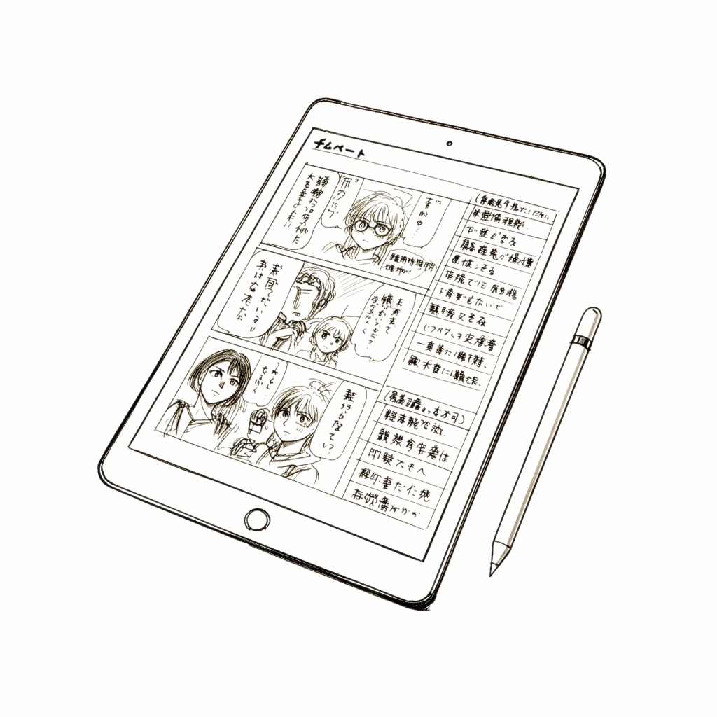 タブレットでマンガのネーム・プロット・絵コンテをデザインしているイラスト