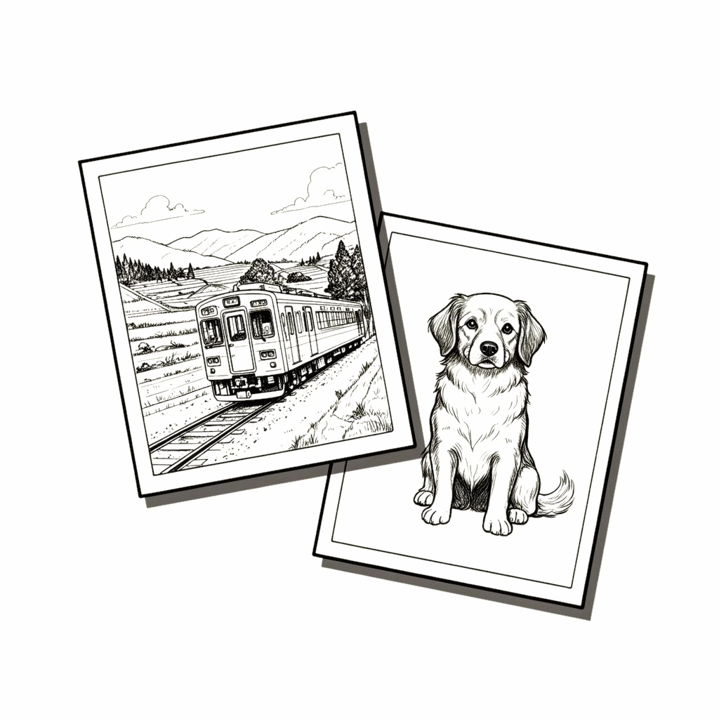 電車と犬の2枚の写真が重なるイラスト